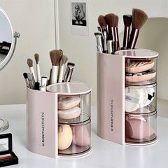 Rotating Makeup Brush Organizer with Powder Puff Storage