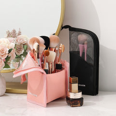 Portable Makeup Organizer Bag, Lightweight Foldable Makeup Bag, Large Capacity Makeup Brush Organizer for Women - Holds Brushes, Lipstick, Eyebrow Pencil & Pen, Zipper Closure, Stylish Handbag with Mesh Design, Portable Storage Pouch