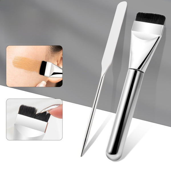 Professional Foundation Makeup Brush Stainless Steel Facial Makeup Tool Kit (Ultra-Thin Foundation Brush + Acrylic Transparent Makeup Palette + Stainless Steel Spatula)