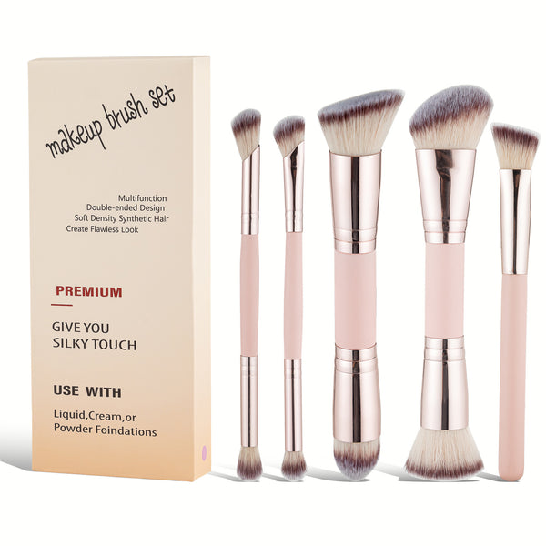 5pcs Double-ended Makeup Brush Set in a Box  Features Thickened Aluminum Tube with Baked Paint Design Packaged in a Paper BoxIncludes Powder Brush Blush Brush  Contour Brush Eyeshadow Brush