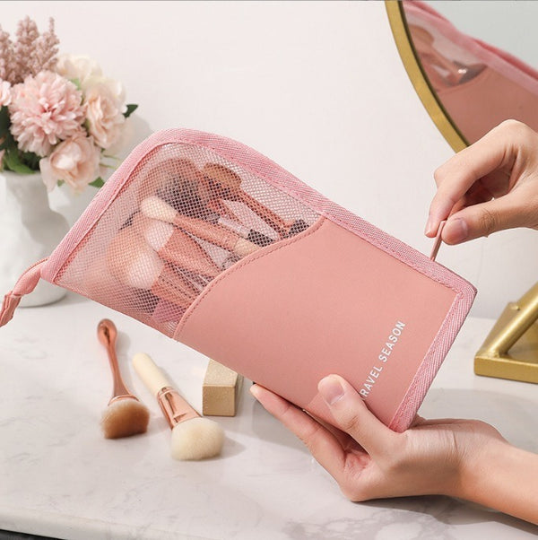 Portable Makeup Organizer Bag, Lightweight Foldable Makeup Bag, Large Capacity Makeup Brush Organizer for Women - Holds Brushes, Lipstick, Eyebrow Pencil & Pen, Zipper Closure, Stylish Handbag with Mesh Design, Portable Storage Pouch