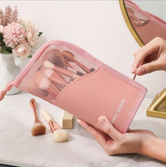 Portable Makeup Organizer Bag, Lightweight Foldable Makeup Bag, Large Capacity Makeup Brush Organizer for Women - Holds Brushes, Lipstick, Eyebrow Pencil & Pen, Zipper Closure, Stylish Handbag with Mesh Design, Portable Storage Pouch