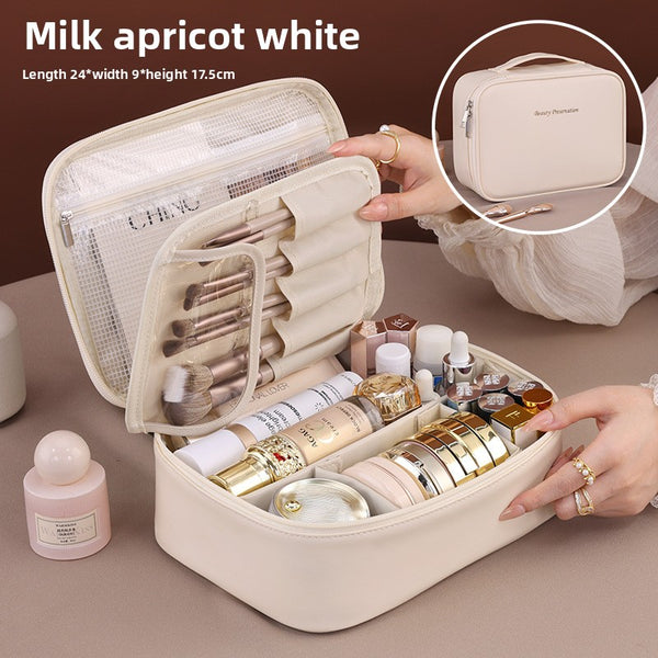 Large Capacity Personalized Makeup Bag & Travel Organizer - Gym, Beach - Beige Cosmetic Case with Zipper Closure, Multiple Compartments & Freely Detachable Compartments For Customizable Storage