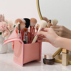 Portable Makeup Organizer Bag, Lightweight Foldable Makeup Bag, Large Capacity Makeup Brush Organizer for Women - Holds Brushes, Lipstick, Eyebrow Pencil & Pen, Zipper Closure, Stylish Handbag with Mesh Design, Portable Storage Pouch